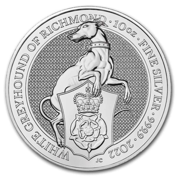 Queens Beast 10 oz 2022 White Greyhound of Richmond voorkant 101munten white greyhound of richmond