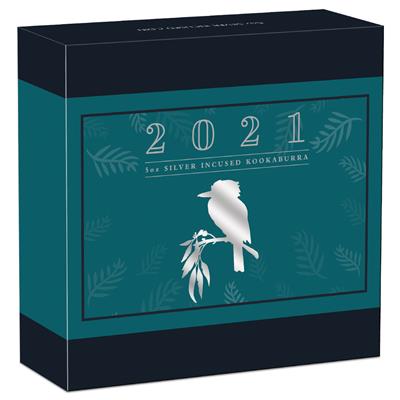 Kookaburra 5 oz 2021 Incused doos voorkant 101munten Kookaburra 5 oz 2021 Incused doos voorkant 101munten
