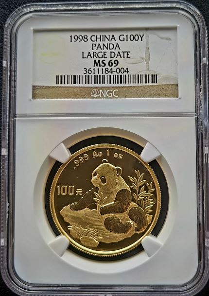 1998 panda LD MS69 101muntennl front Gouden China Panda 1 oz 1998 Large Date NGC MS69