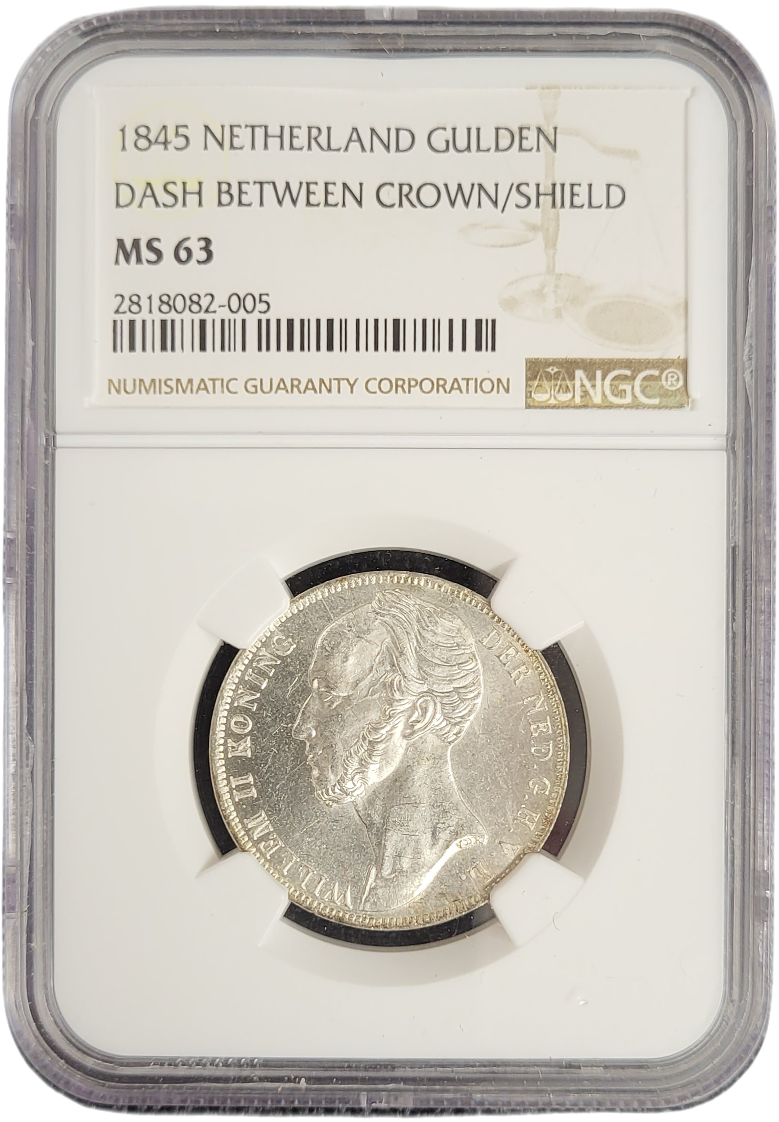 Koning Willem II 1 gulden 1845 DASH BETWEEN CROWN-front Koning Willem II 1 gulden 1845 DASH BETWEEN CROWN front
