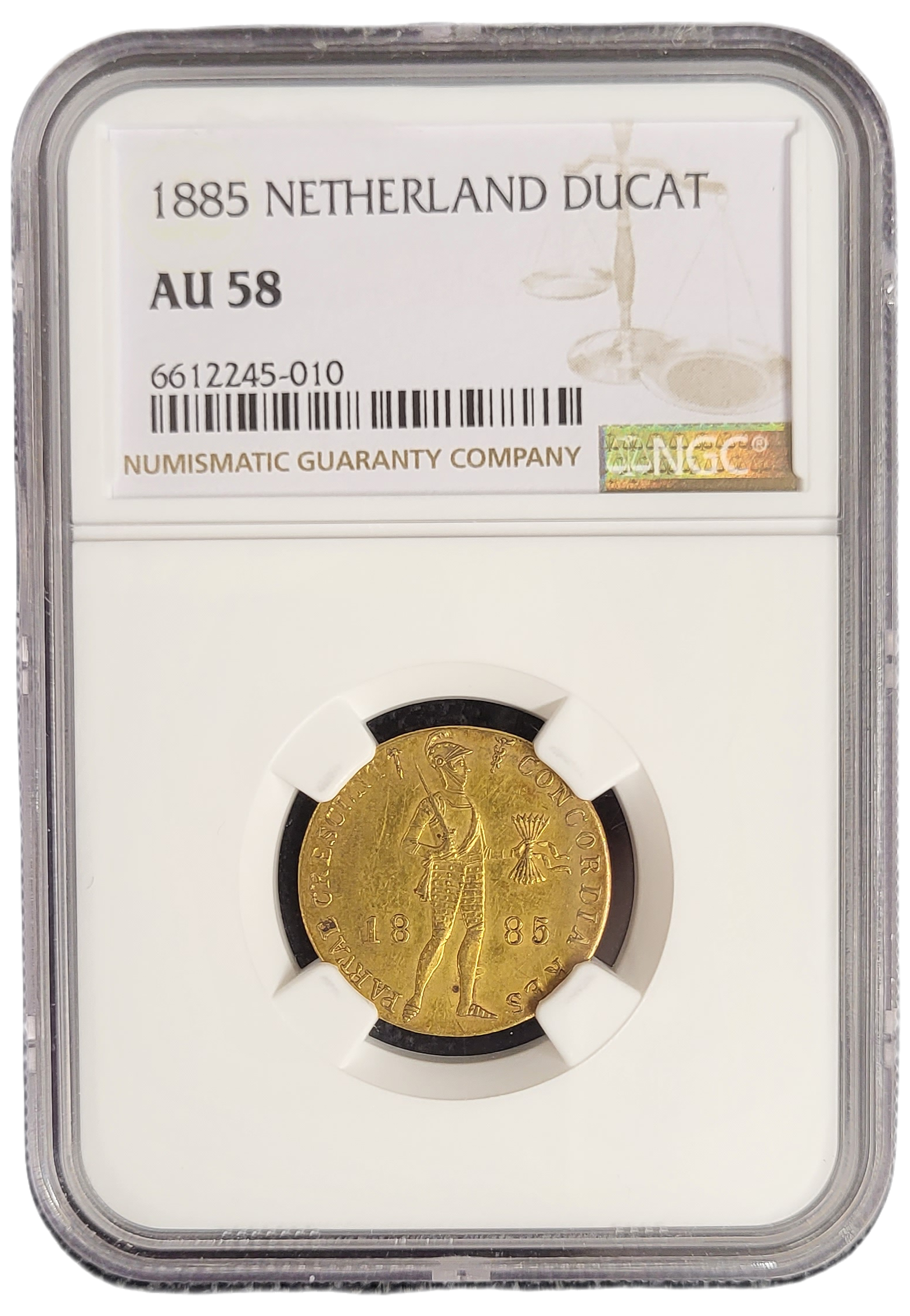 Gouden Dukaat 1885 AU58 NGC gecertificeerd-front Gouden Dukaat 1885 AU58 NGC gecertificeerd front