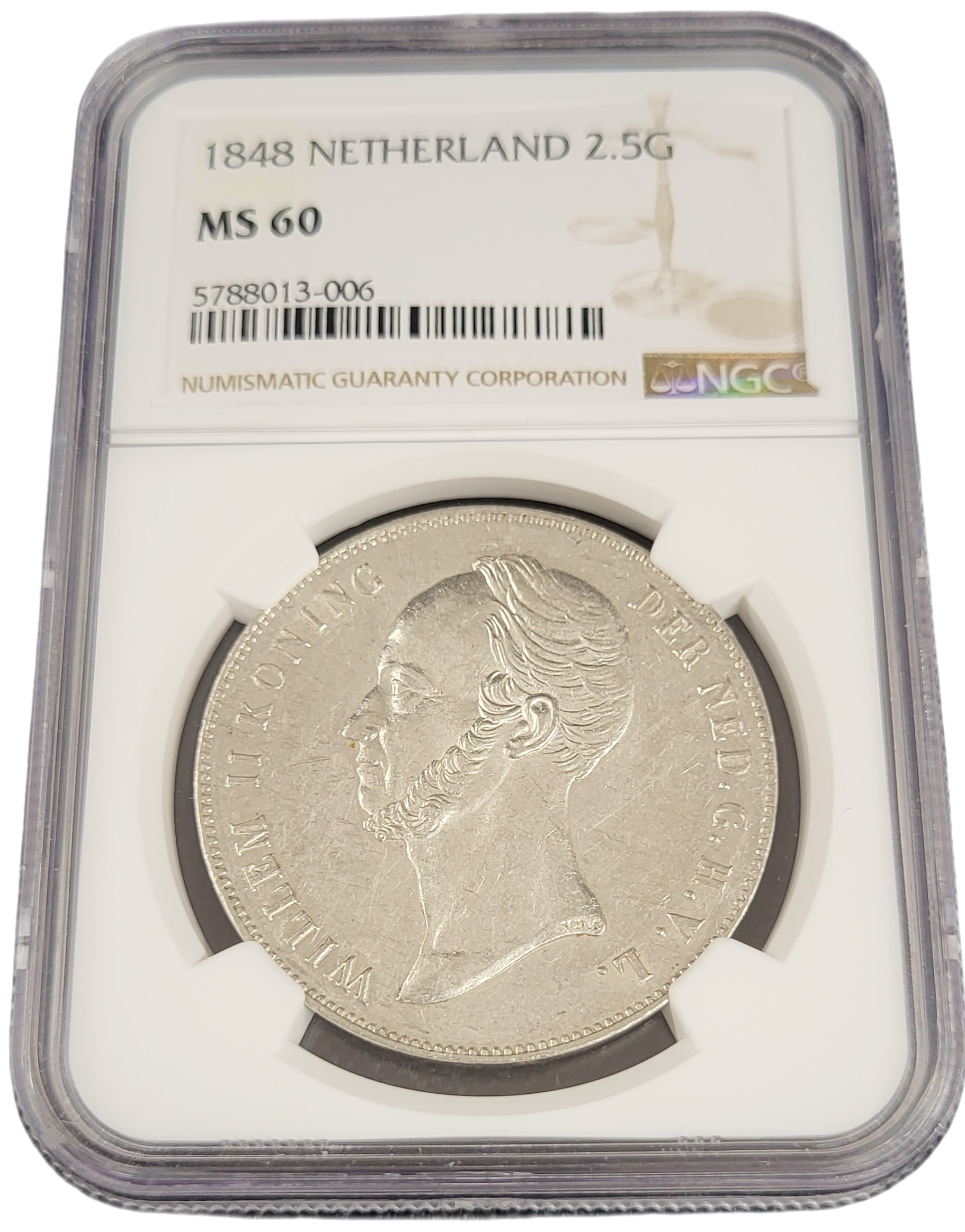 Koning Willem II 2.5 gulden 1848 MS60 NGC-front Koning Willem II 2.5 gulden 1848 MS60 NGC front