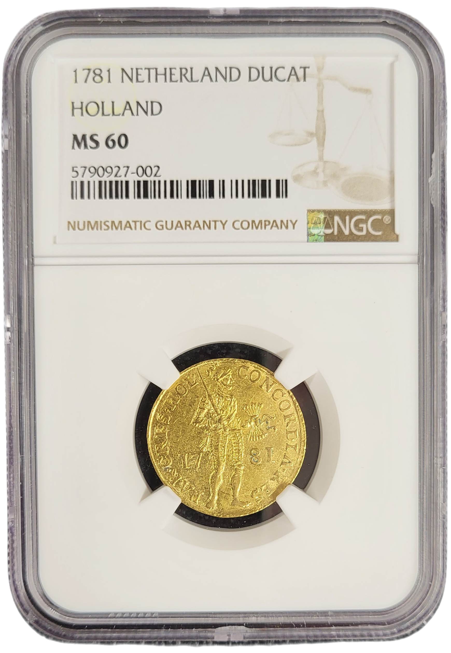Provincie Holland Gouden Dukaat 1781 MS60 NGC-front Holland Gouden Dukaat 1781