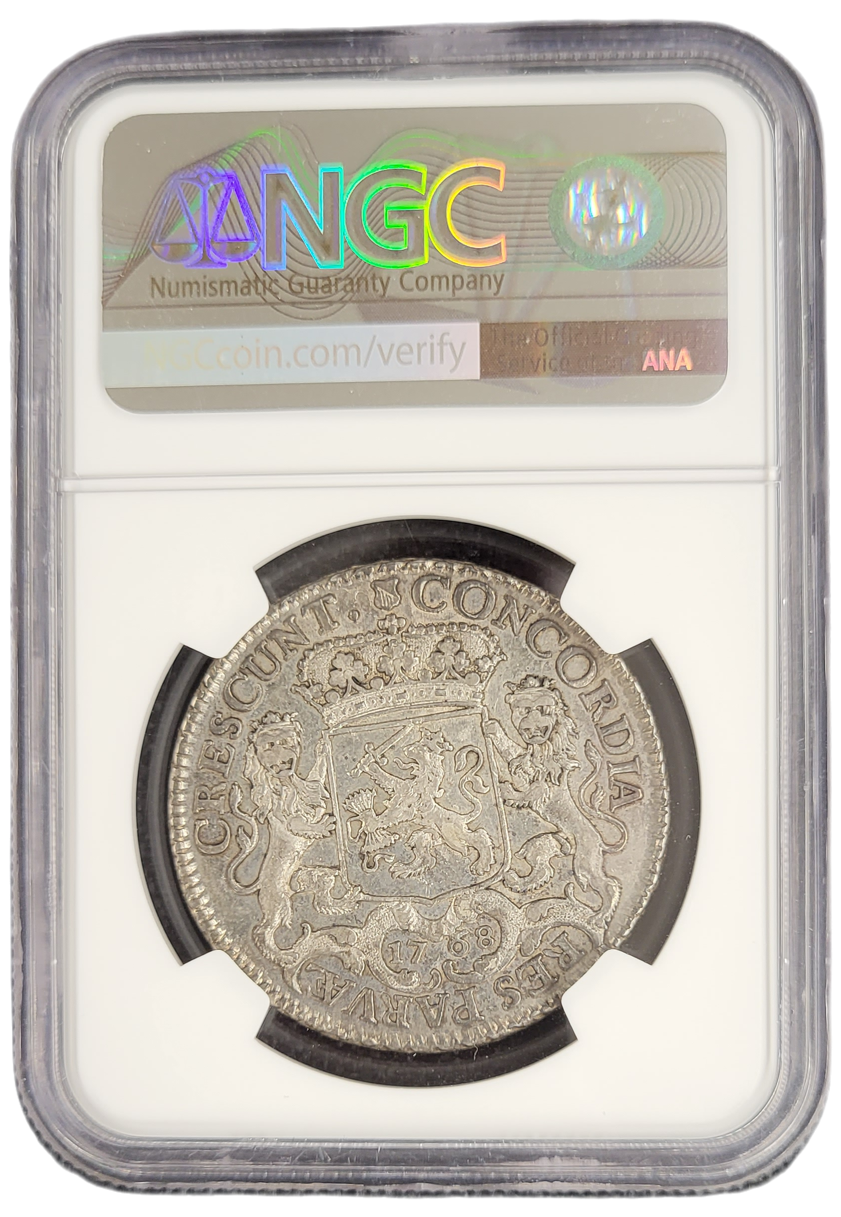 Provincie Utrecht zilveren halve dukaton met bloemrand 1768 NGC-back Provincie Utrecht zilveren halve dukaton met bloemrand 1768 NGC back
