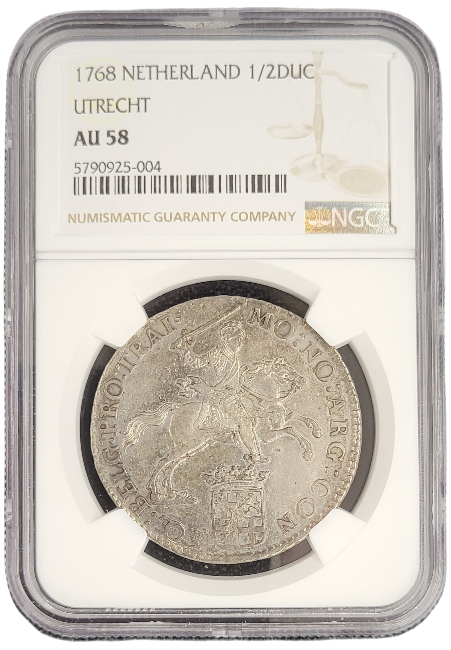 Provincie Utrecht zilveren halve dukaton met bloemrand 1768 NGC-front Provincie Utrecht zilveren halve dukaton met bloemrand 1768 NGC front