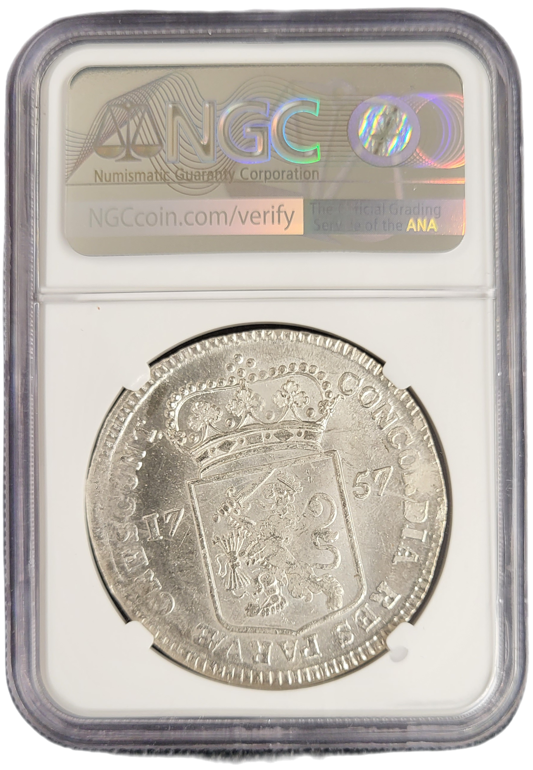 Provincie W.Friesland Zilveren Dukaat 1757 NGC-back Provincie W.Friesland Zilveren Dukaat 1757 NGC back