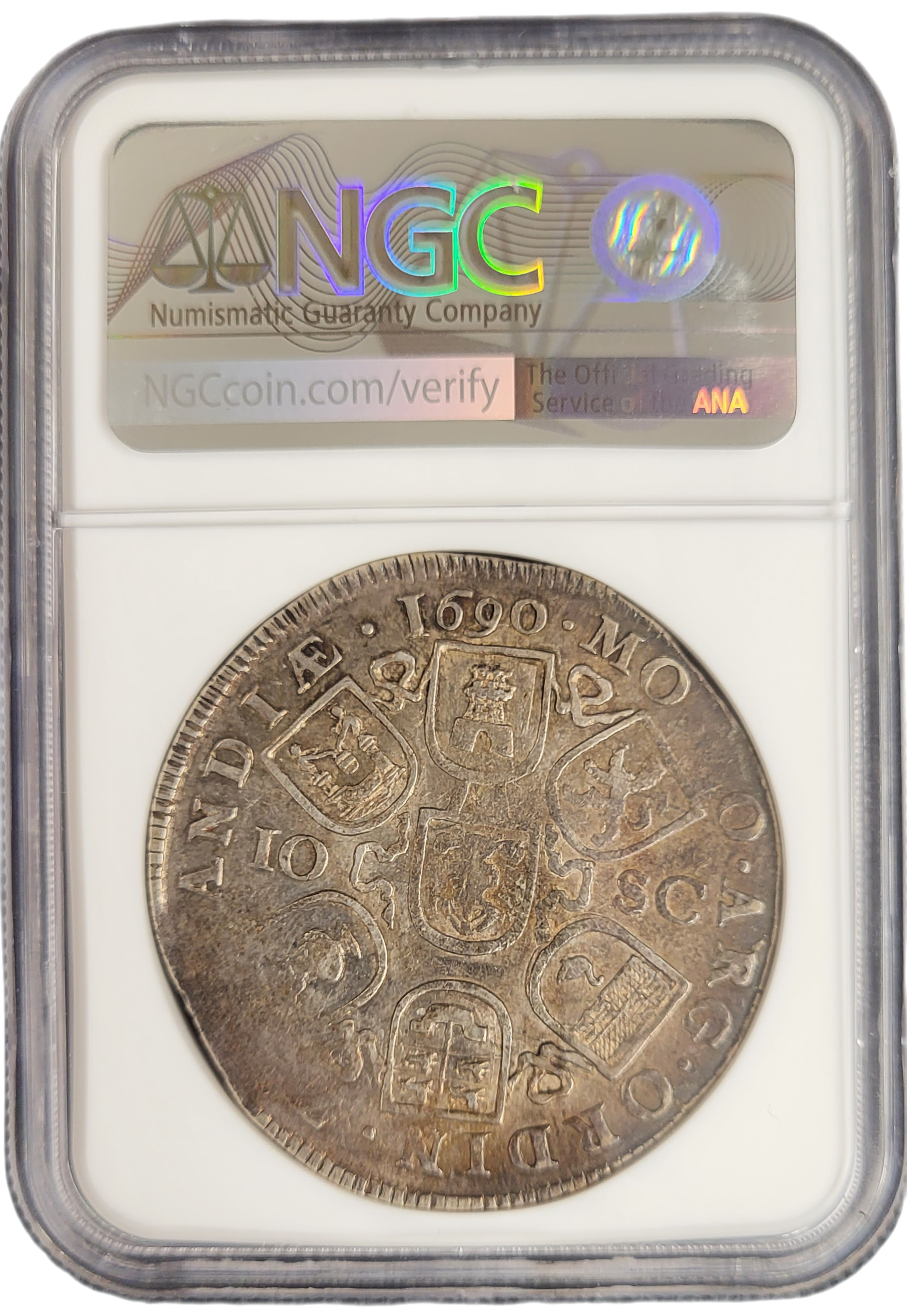 Provincie Zeeland Zilveren Dubbele Daalder of 10 Schelling 1690 NGC-back Provincie Zeeland Zilveren Dubbele Daalder of 10 Schelling 1690 NGC back