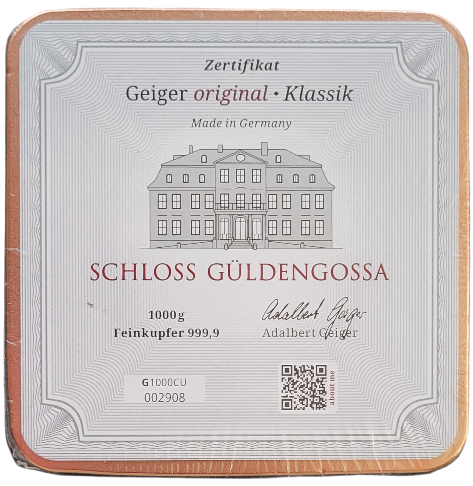 Koper baar 1 kilo - Vierkant - Geiger - Schloss Guldengossa -back Koper baar 1 kilo Vierkant Geiger Schloss Guldengossa back