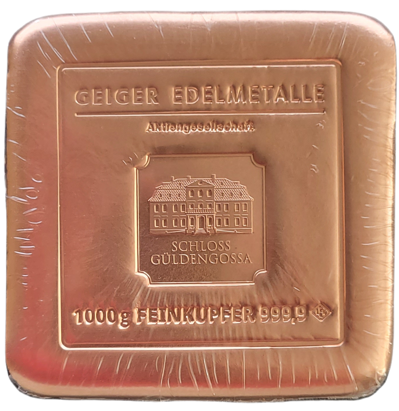 Koper baar 1 kilo - Vierkant - Geiger - Schloss Guldengossa -front Koper baar 1 kilo