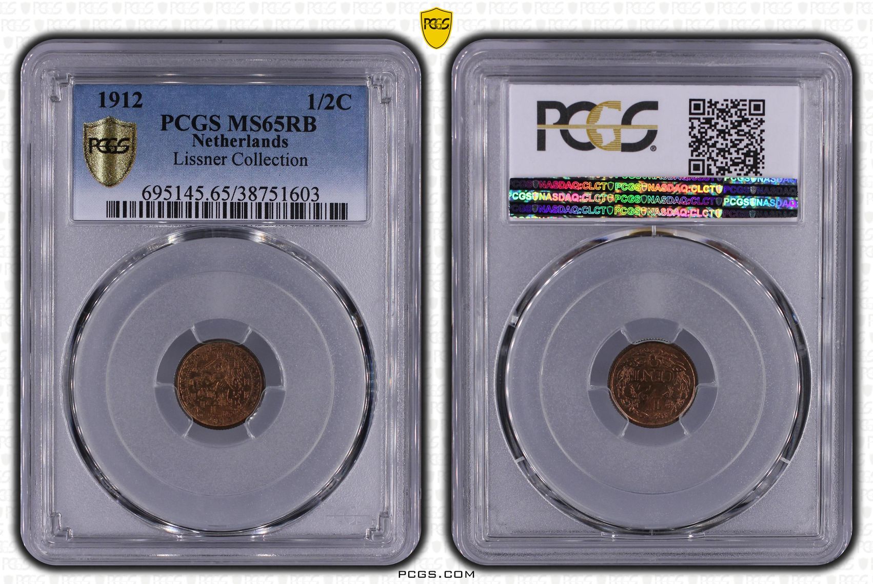 0.5 cent 1912 MS65 RB R.L. Lissner collection PCGS 1/2 cent 1912 MS65 RB R.L. Lissner collection PCGS