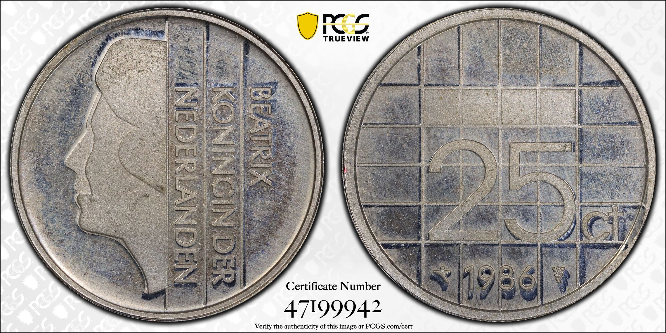 25 cent 1986 op aluminium muntplaatje ms64 pcgs 25 cent 1986 op aluminium muntplaatje ms64 pcgs