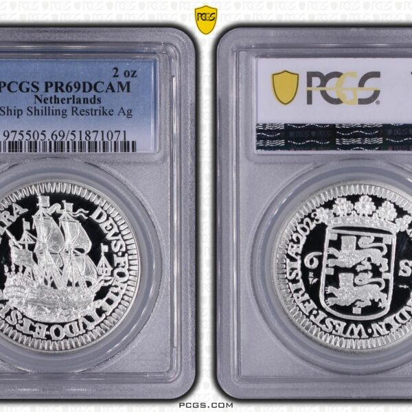 2 oz Piedfort Scheepjesschelling 2023 West Friesland restrike 2 oz zilver PCGS gecertificeerd PR69 DCAM