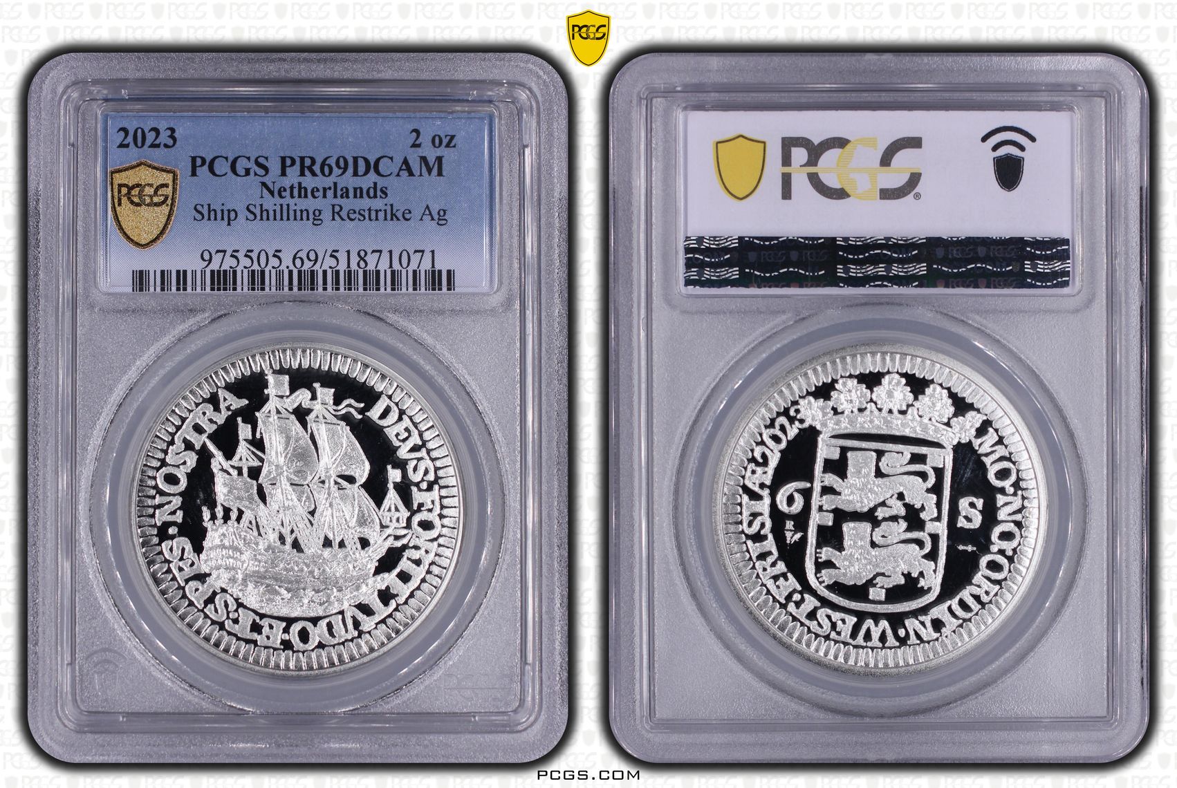 Scheepjesschelling 2023 West Friesland restrike 2 oz zilver PCGS gecertificeerd PR69 DCAM 2 oz Piedfort Scheepjesschelling 2023 West Friesland restrike 2 oz zilver PCGS gecertificeerd PR69 DCAM