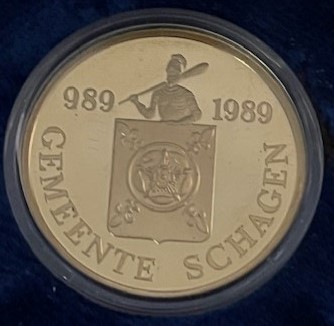 Schagen 1000 jaar.verguld Gouden, zilveren en vergulde Penning 1989 Schagen 1000 jaar