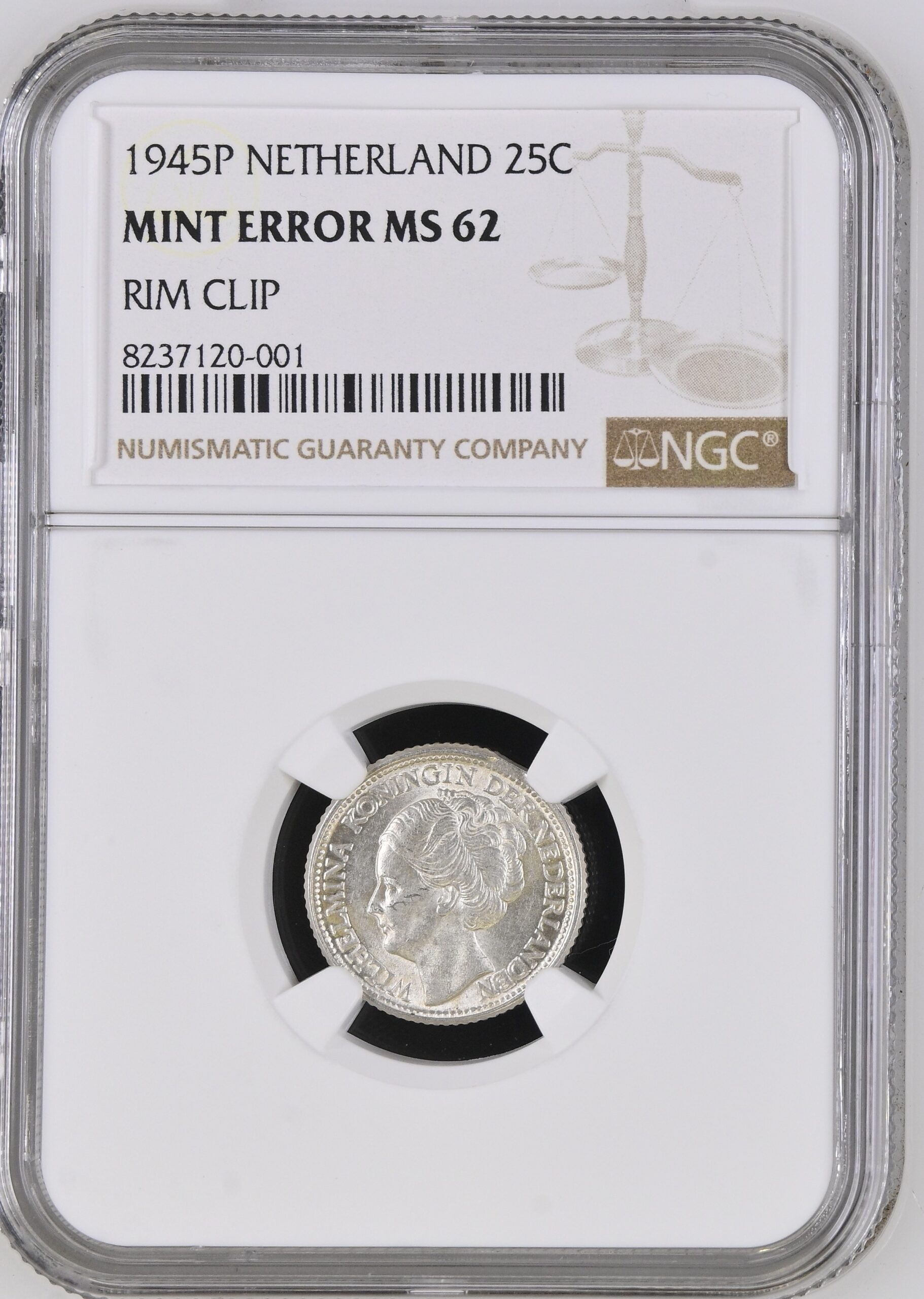 NGC8237120-001_OBV Koningin Wilhelmina 25 cent 1945 Munt error MS62 NGC Ex Coenen