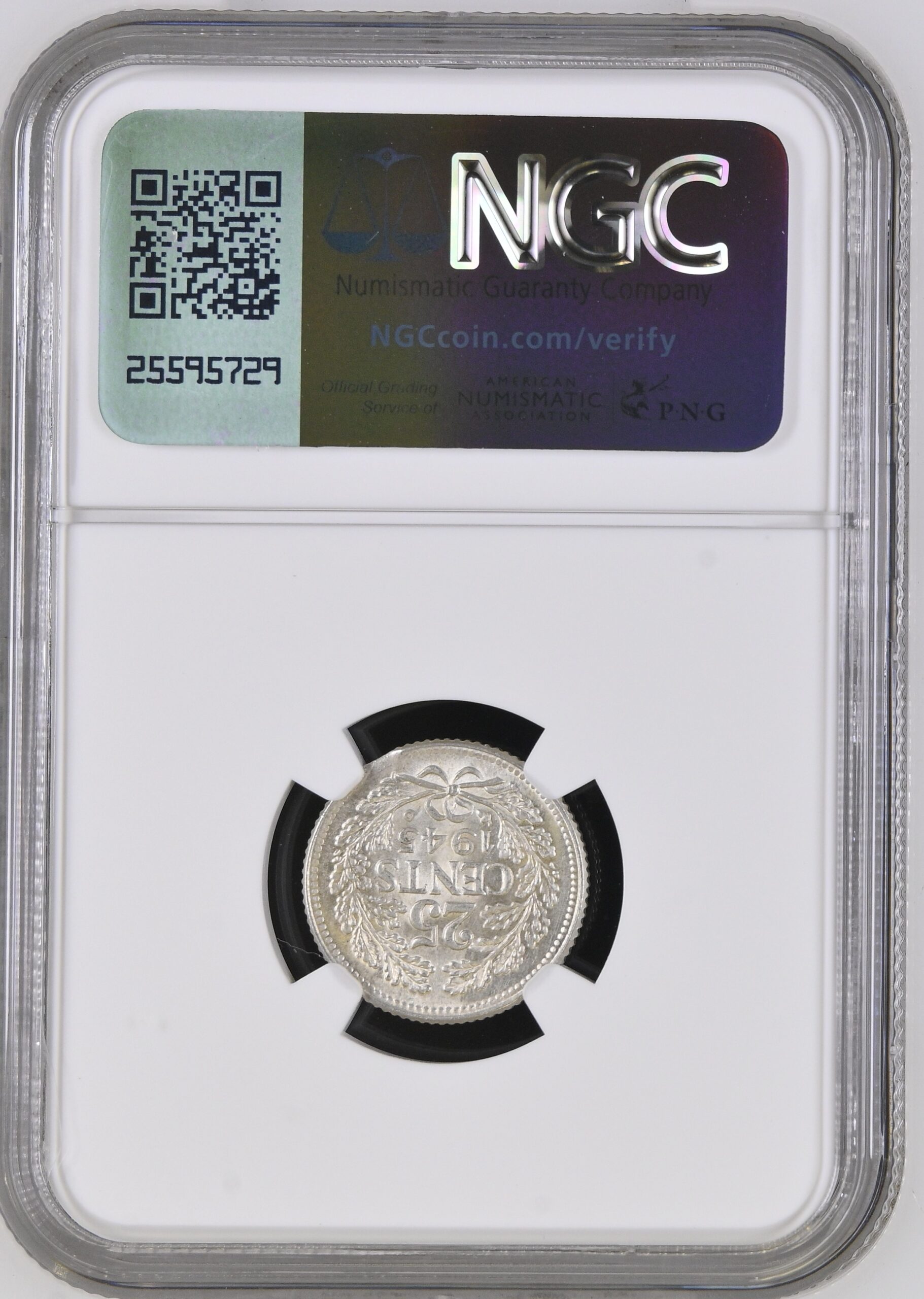 NGC8237120-001_REV Koningin Wilhelmina 25 cent 1945 Munt error MS62 NGC Ex Coenen