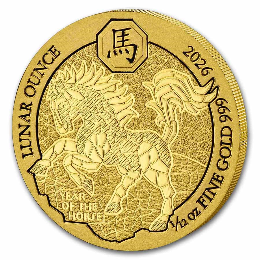Gouden Rwanda Lunar Horse 0.12oz 2026 front 101munten Gouden Rwanda Lunar Horse 1/12 oz 2026