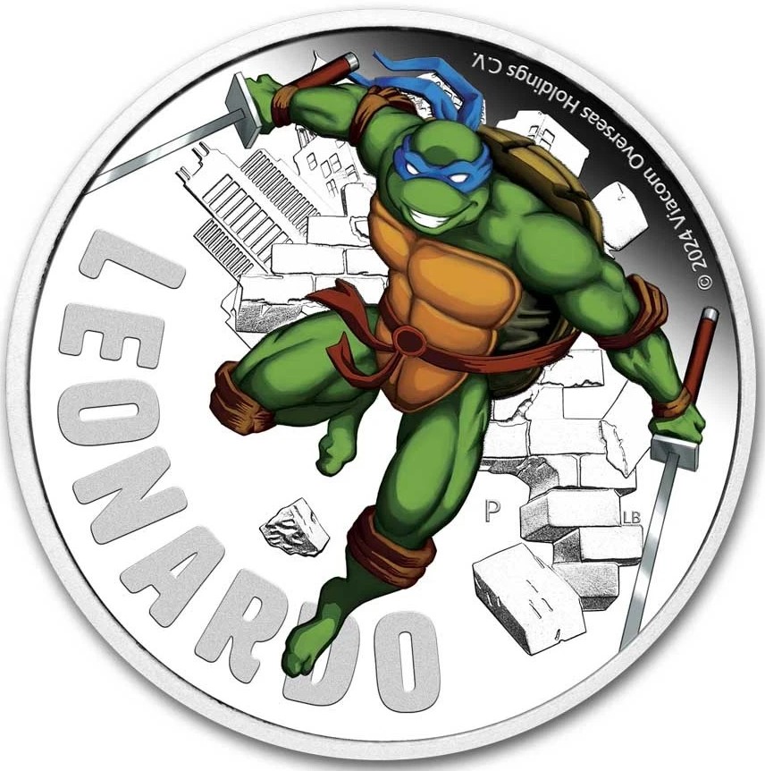 Tuvalu Teenage Mutant Ninja Turtles Leonardo PP 1 oz 2024 front Tuvalu Teenage Mutant Ninja Turtles Shredder 1 oz 2024